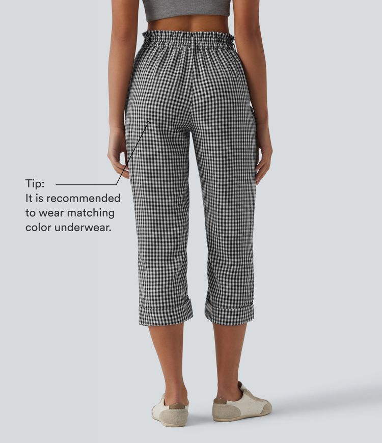 High Waisted Cropped Plaid Casual Linen-Feel Trousers with Pockets High Waisted Cropped Plaid Casual Linen-Feel Trousers with Pockets