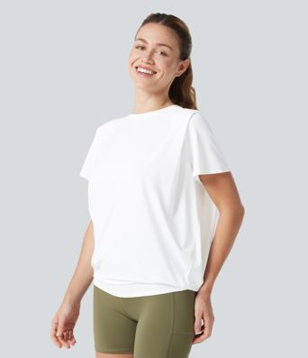 Round Neck Short Sleeve Ruched Cool Touch Yoga Sports Top-UPF50+
