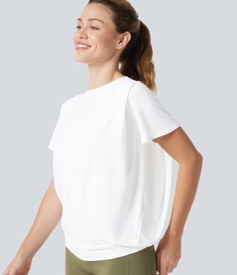 Round Neck Short Sleeve Ruched Cool Touch Yoga Sports Top-UPF50+