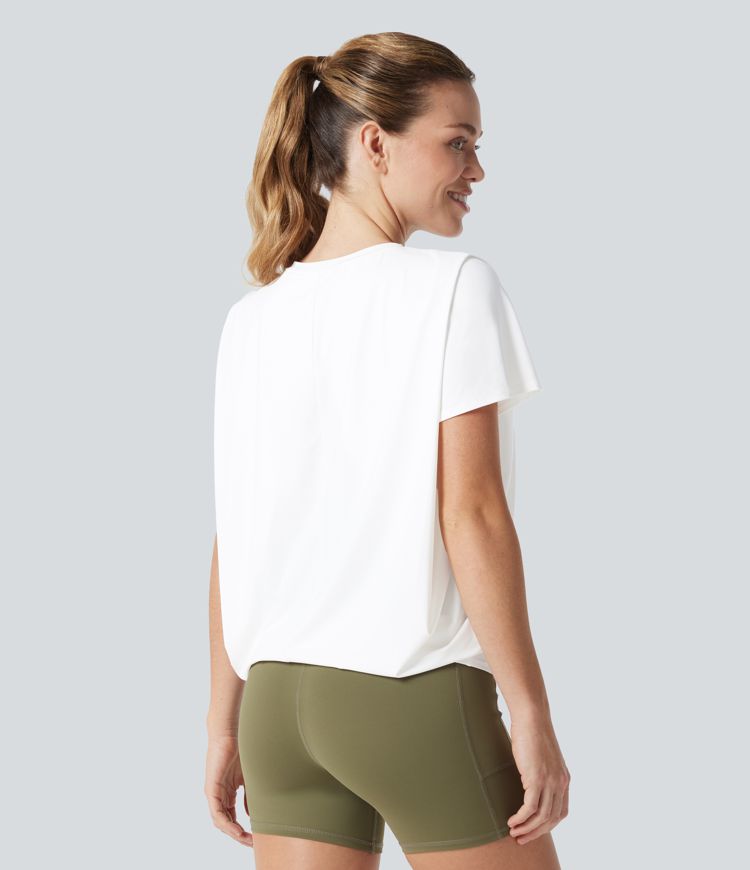 Round Neck Short Sleeve Ruched Cool Touch Yoga Sports Top-UPF50+