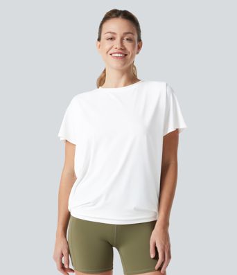 Round Neck Short Sleeve Ruched Cool Touch Yoga Sports Top-UPF50+