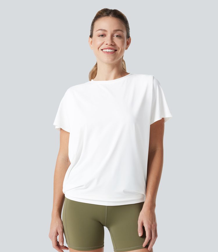 Round Neck Short Sleeve Ruched Cool Touch Yoga Sports Top-UPF50+