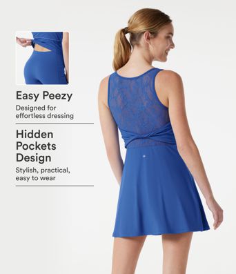 SoftlyZero™ Sleeveless Twisted Contrast Lace Built-in Bra Mini Tennis Active Dress with Pockets-Easy Peezy-UPF50+