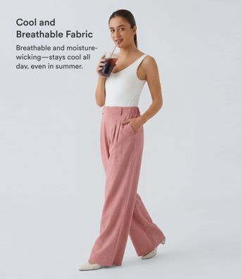 Hohe Taille Seitentasche Weites Bein Fließende Einfarbige Palazzo Casual Leinen-Optik Hose