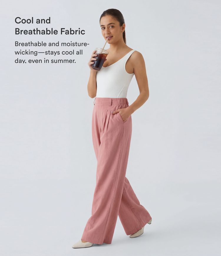 Hohe Taille Seitentasche Weites Bein Fließende Einfarbige Palazzo Casual Leinen-Optik Hose