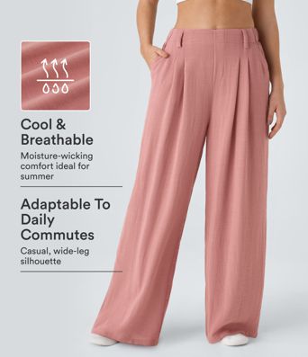 Hohe Taille Seitentasche Weites Bein Fließende Einfarbige Palazzo Casual Leinen-Optik Hose