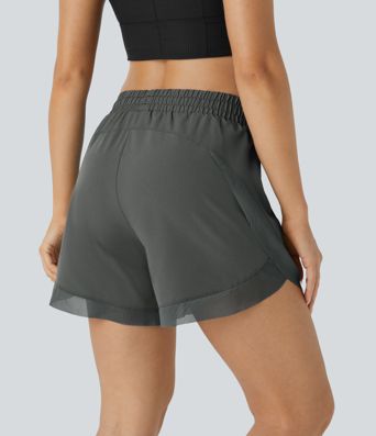 Mid Rise Drawstring Contrast Mesh 2-in-1 Flowy Running Shorts 5''