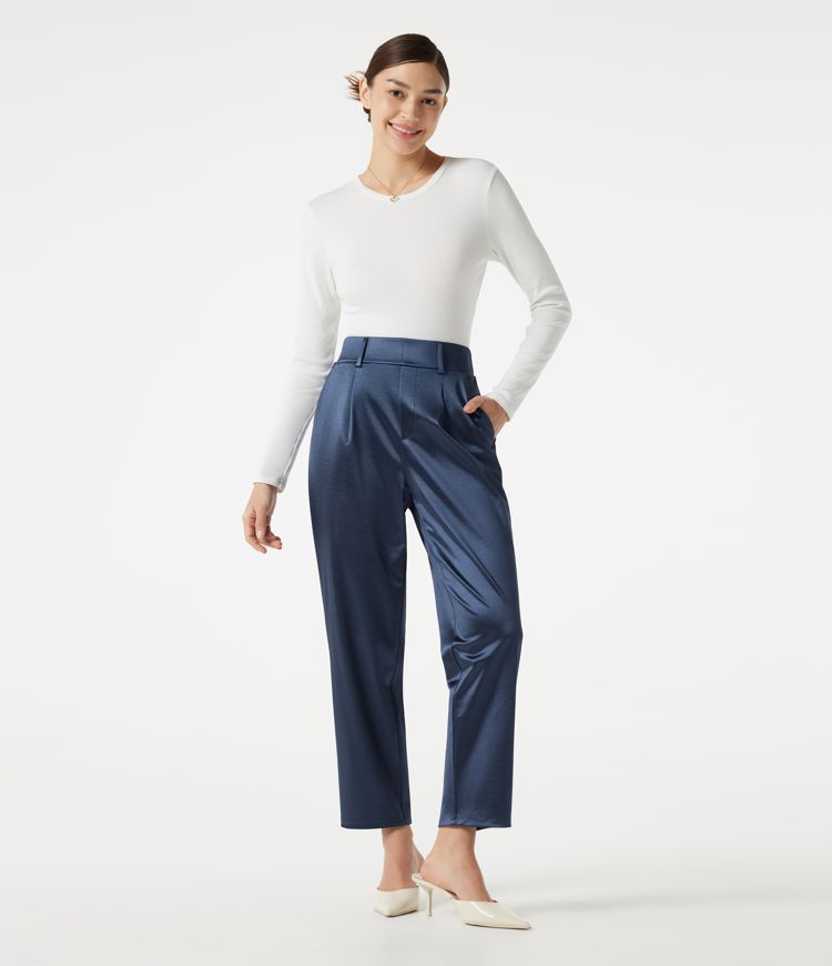 High Waisted Tapered Satin Work Pants with Pockets