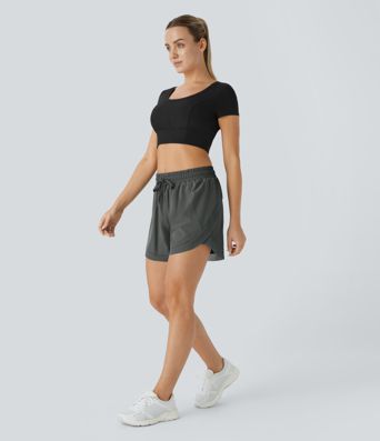 Mid Rise Drawstring Contrast Mesh 2-in-1 Flowy Running Shorts 5''