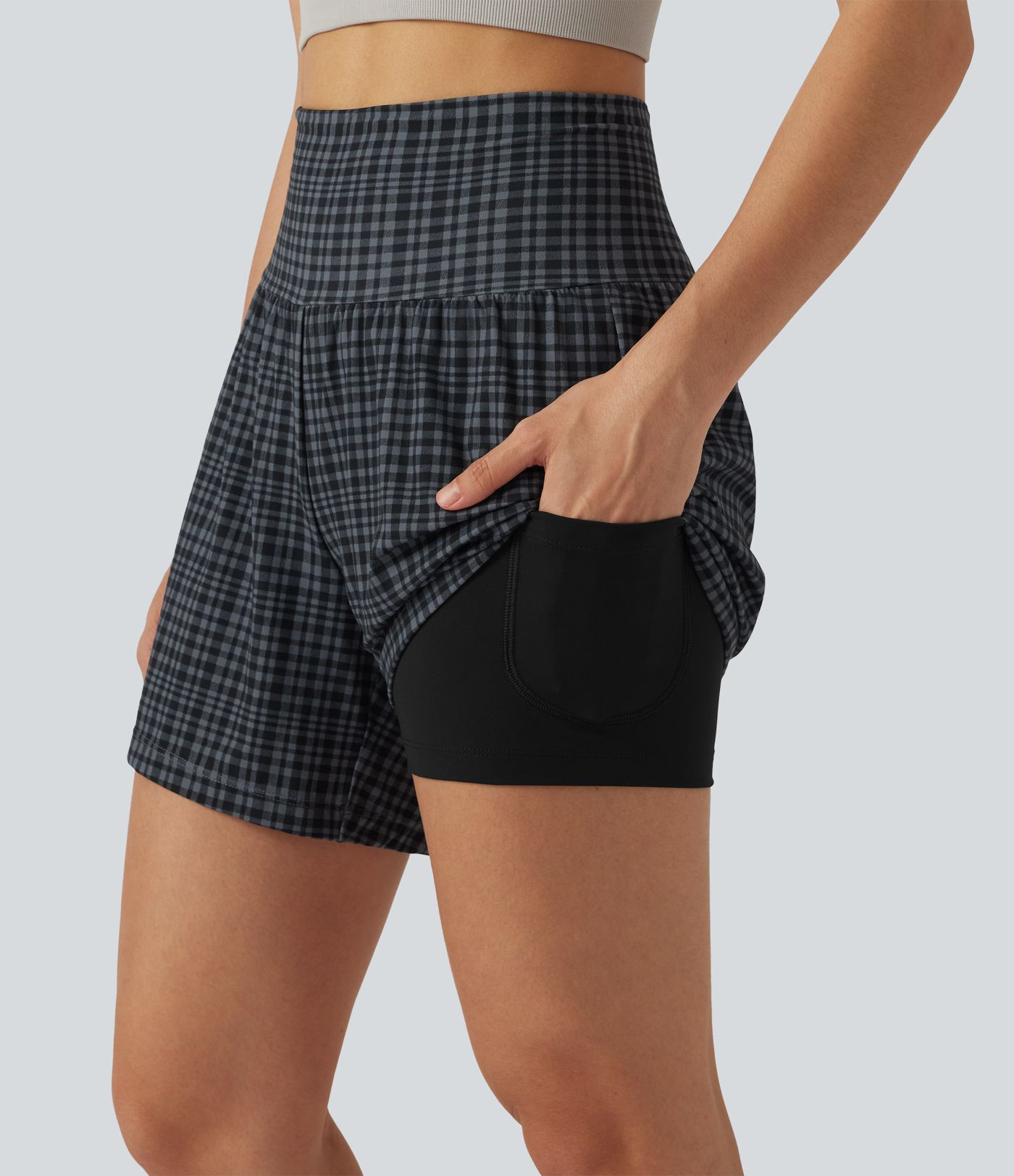 Halara UltraSculpt™ Check Plaid Print Super High Waisted 2-in-1 Yoga Shorts 5'' with Pockets