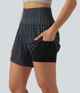 Halara UltraSculpt™ Check Plaid Print Super High Waisted 2-in-1 Yoga Shorts 5'' with Pockets