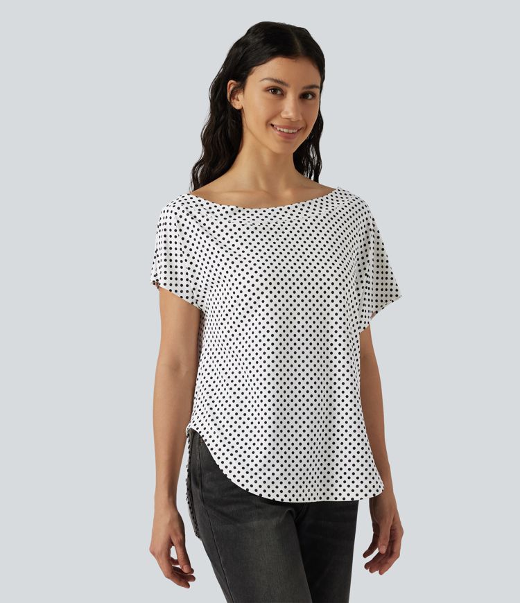 Top casual à pois épaule dénudée à manches courtes avec ourlet incurvé asymétrique et brassière intégrée