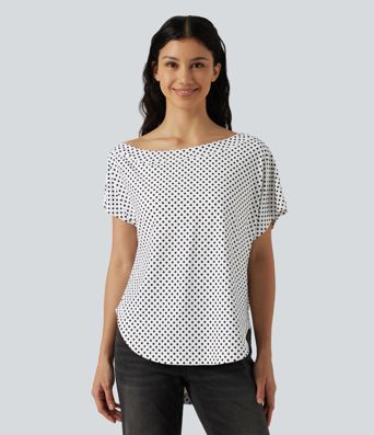 Top casual à pois épaule dénudée à manches courtes avec ourlet incurvé asymétrique et brassière intégrée