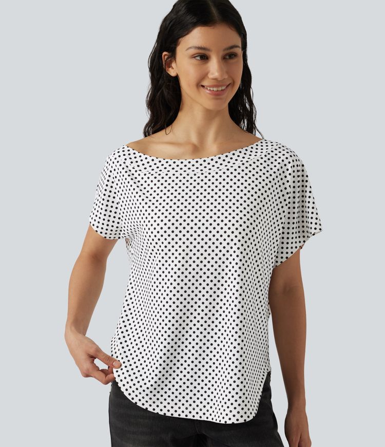 Top casual à pois épaule dénudée à manches courtes avec ourlet incurvé asymétrique et brassière intégrée