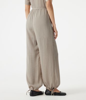 High-waisted Drawstring 2-in-1 Work Linen-Blend Barrel Leg Pants with Pockets