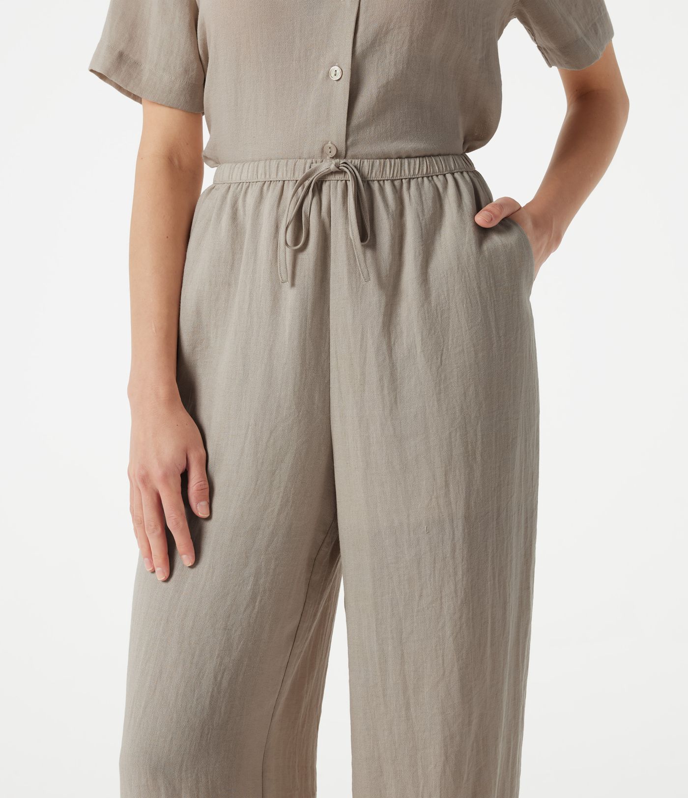 High-waisted Drawstring 2-in-1 Work Linen-Blend Barrel Leg Pants with Pockets
