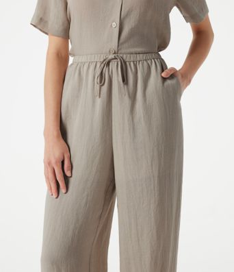 High-waisted Drawstring 2-in-1 Work Linen-Blend Barrel Leg Pants with Pockets