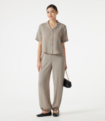 High-waisted Drawstring 2-in-1 Work Linen-Blend Barrel Leg Pants with Pockets