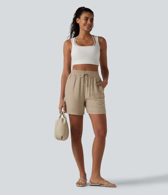 High Waisted Drawstring Casual Linen-Blend Baggy Shorts 5'' with Pockets