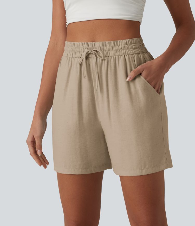 High Waisted Drawstring Casual Linen-Blend Baggy Shorts 5'' with Pockets
