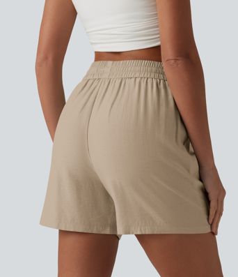 High Waisted Drawstring Casual Linen-Blend Baggy Shorts 5'' with Pockets