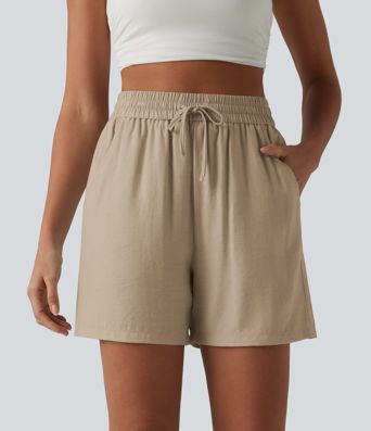 High Waisted Drawstring Casual Linen-Blend Baggy Shorts 5'' with Pockets