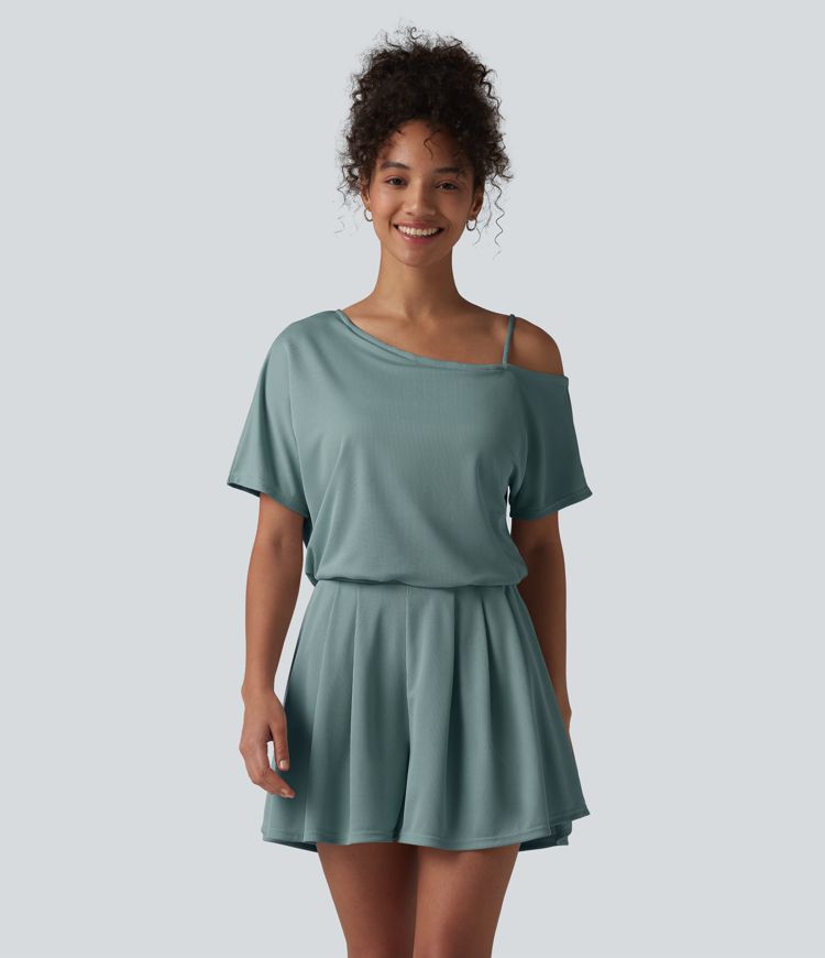One Shoulder Short Sleeve Pleated Waffle Casual Romper with Pockets-Easy Peezy Edition
