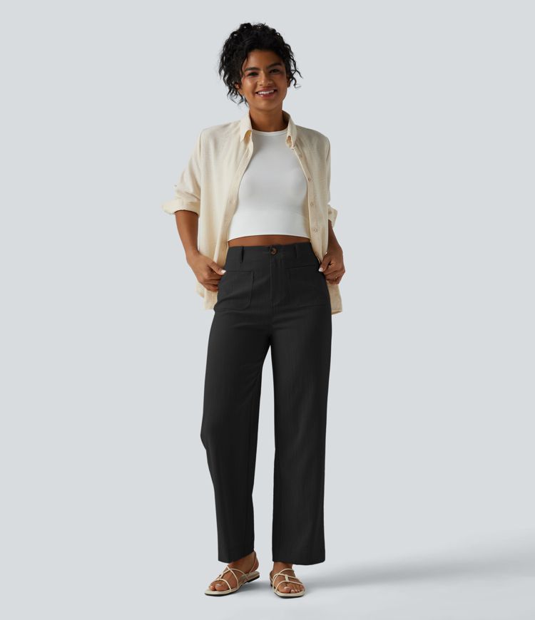 High Waisted Straight Leg Casual Linen-Feel Pants with Pockets High Waisted Straight Leg Casual Linen-Feel Pants with Pockets