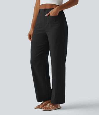 High Waisted Straight Leg Casual Linen-Feel Pants with Pockets High Waisted Straight Leg Casual Linen-Feel Pants with Pockets