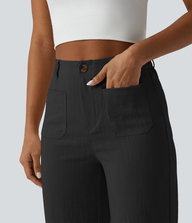 High Waisted Straight Leg Casual Linen-Feel Pants with Pockets High Waisted Straight Leg Casual Linen-Feel Pants with Pockets