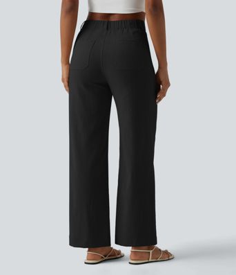 High Waisted Straight Leg Casual Linen-Feel Pants with Pockets High Waisted Straight Leg Casual Linen-Feel Pants with Pockets