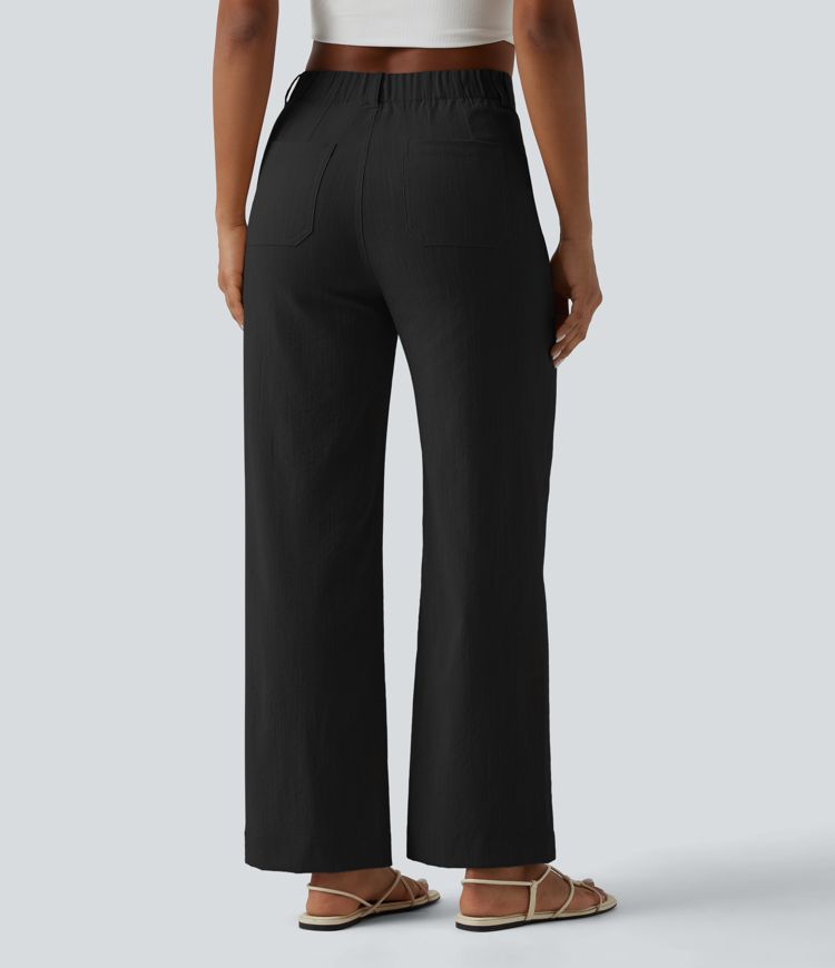 High Waisted Straight Leg Casual Linen-Feel Pants with Pockets High Waisted Straight Leg Casual Linen-Feel Pants with Pockets