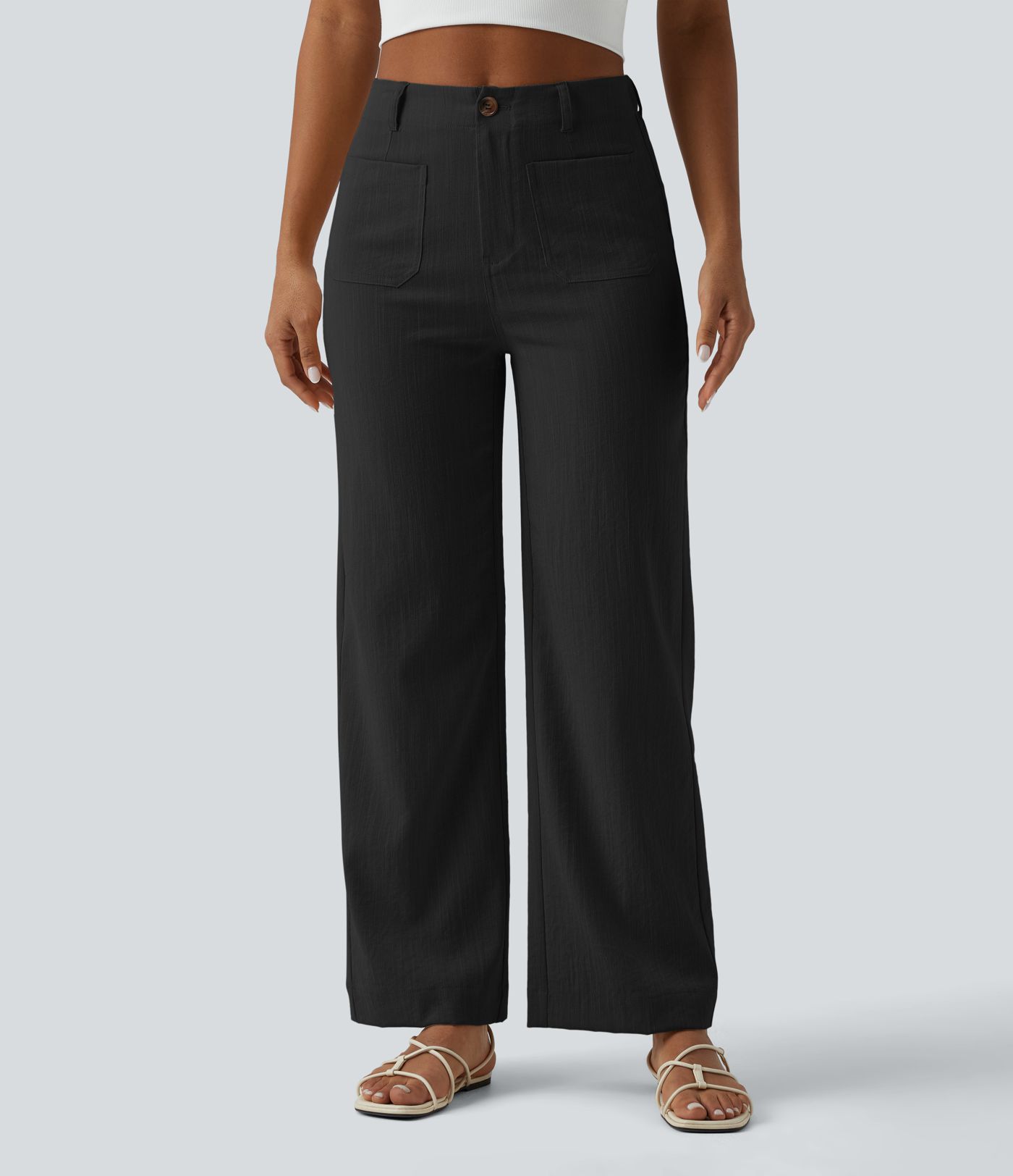 High Waisted Straight Leg Casual Linen-Feel Pants with Pockets High Waisted Straight Leg Casual Linen-Feel Pants with Pockets