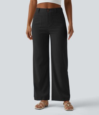 High Waisted Straight Leg Casual Linen-Feel Pants with Pockets High Waisted Straight Leg Casual Linen-Feel Pants with Pockets