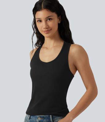 Débardeur casual en maille côtelée col U croisé avec découpe au dos et ourlet incurvé Débardeur casual en maille côtelée col U croisé avec découpe au dos et ourlet incurvé