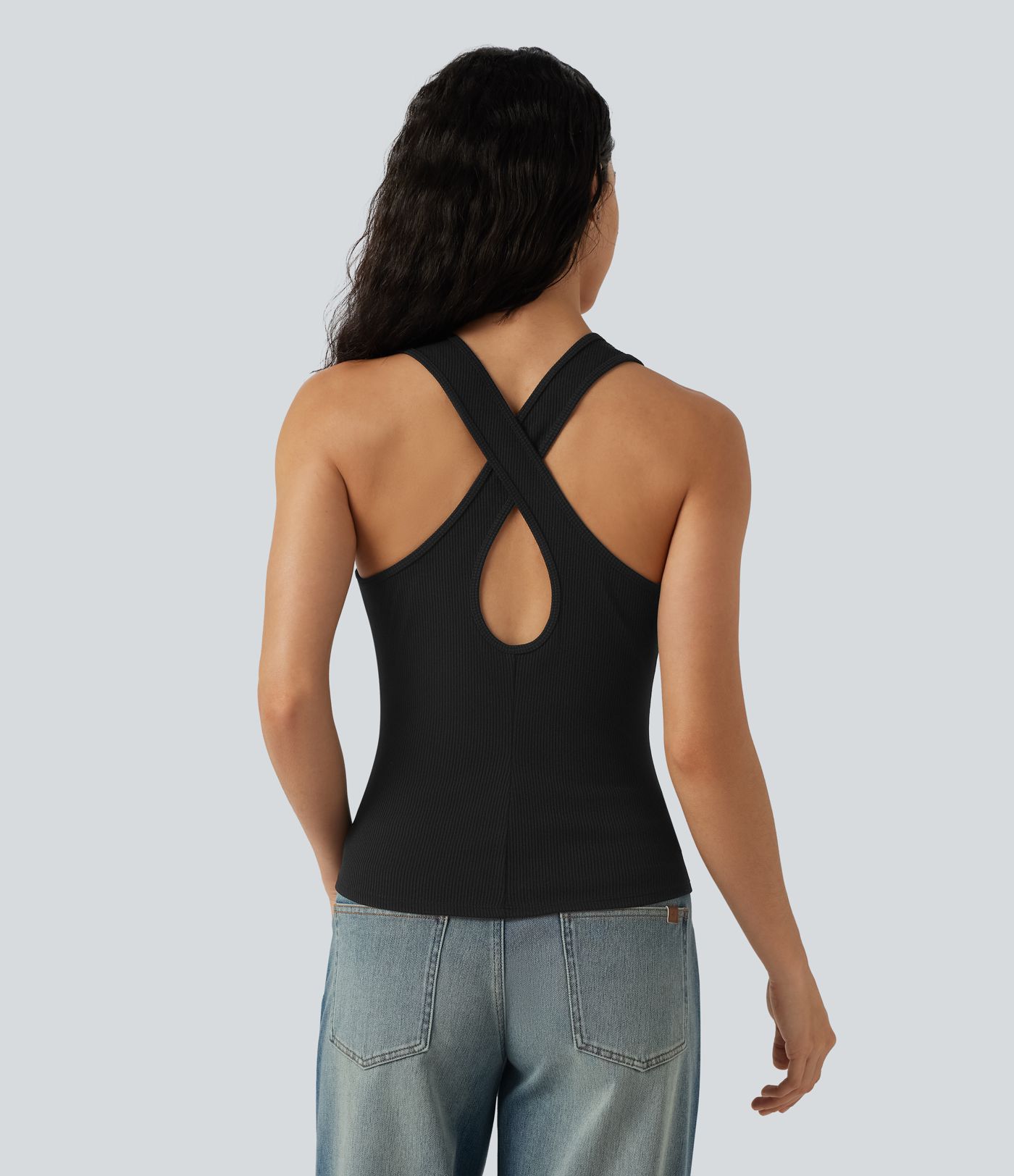 Débardeur casual en maille côtelée col U croisé avec découpe au dos et ourlet incurvé Débardeur casual en maille côtelée col U croisé avec découpe au dos et ourlet incurvé