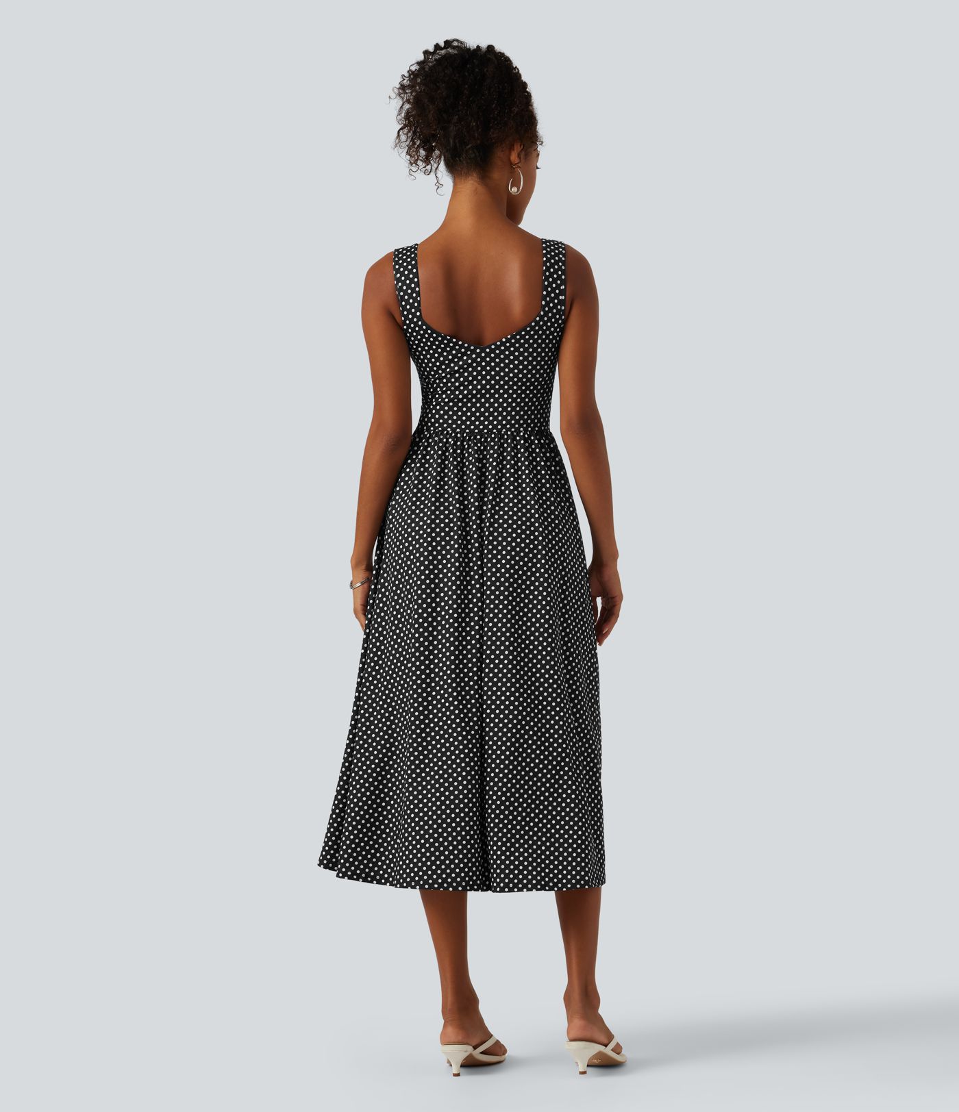 Sleeveless Backless Crossover Built-in Bra Polka Dot Midi Casual Flowy Dress with Pockets DD-F Cups