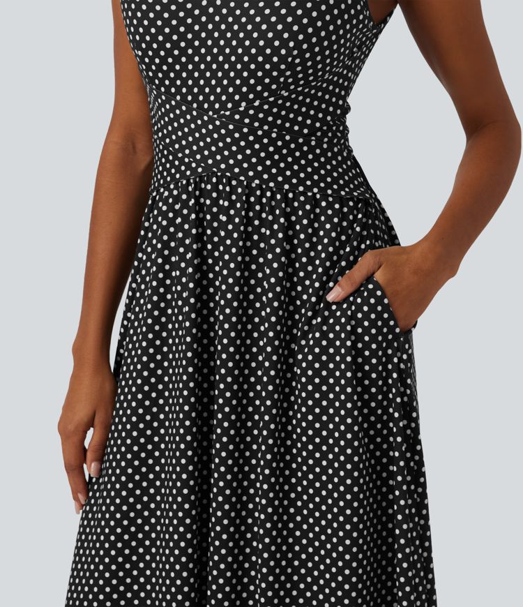 Sleeveless Backless Crossover Built-in Bra Polka Dot Midi Casual Flowy Dress with Pockets DD-F Cups