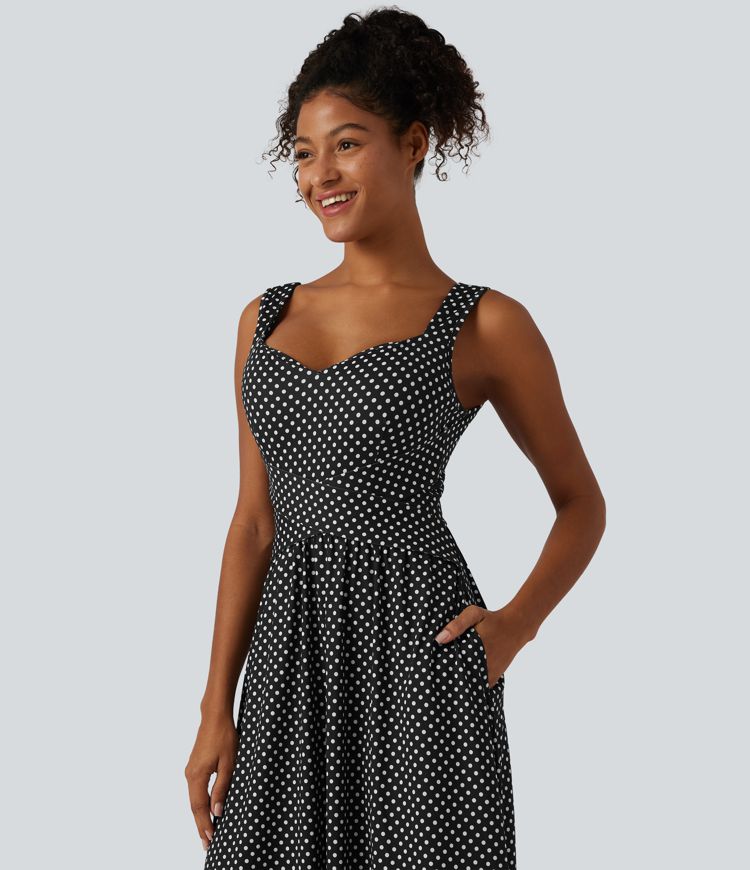 Sleeveless Backless Crossover Built-in Bra Polka Dot Midi Casual Flowy Dress with Pockets DD-F Cups