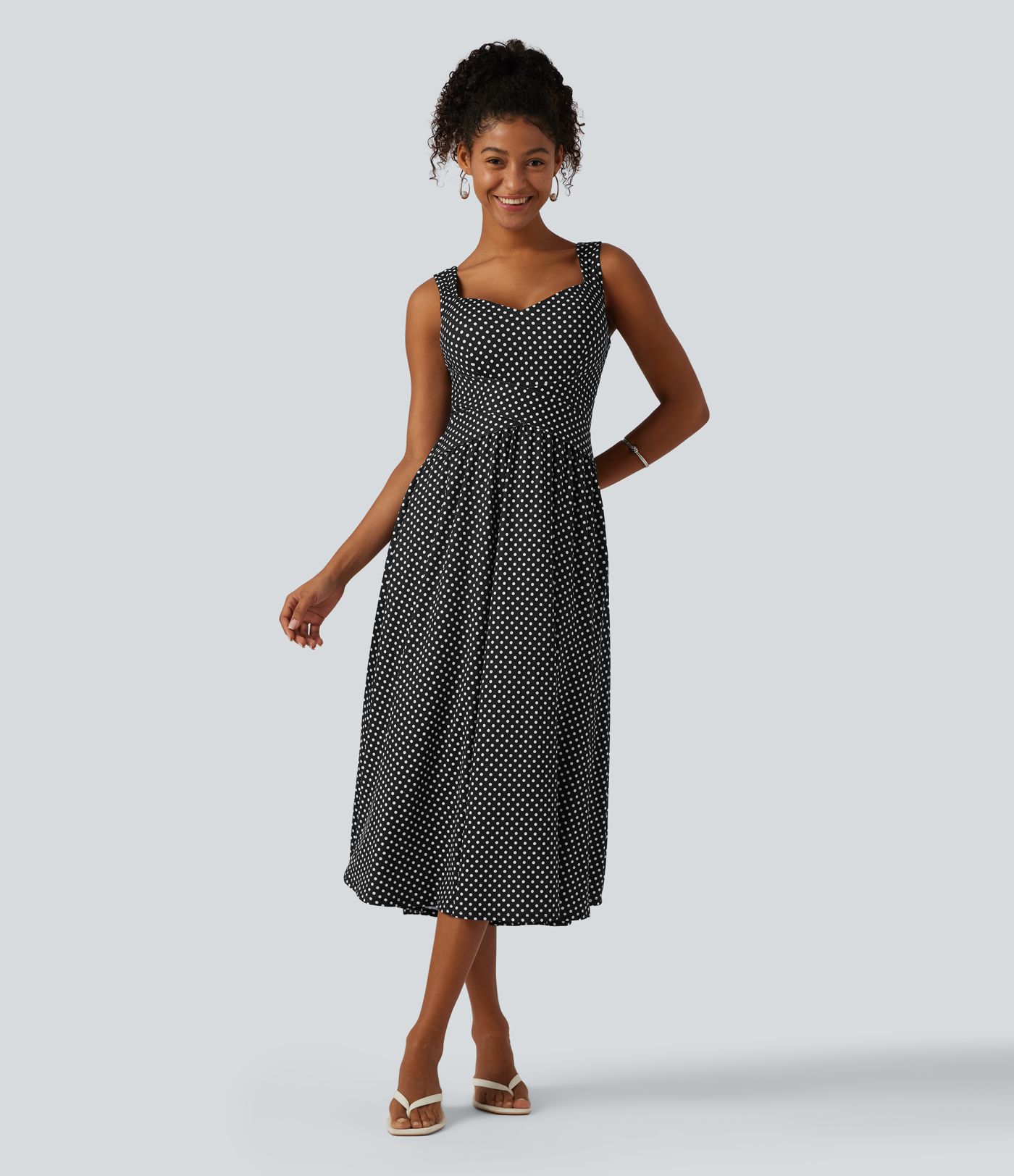 Sleeveless Backless Crossover Built-in Bra Polka Dot Midi Casual Flowy Dress with Pockets DD-F Cups