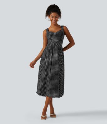 Sleeveless Backless Crossover Built-in Bra Polka Dot Midi Casual Flowy Dress with Pockets DD-F Cups