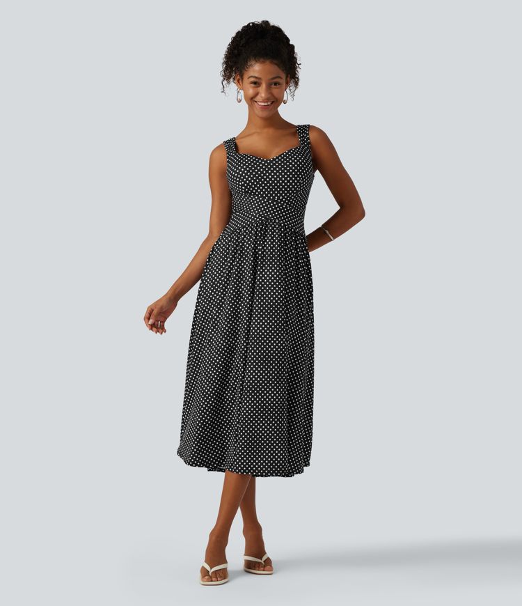 Sleeveless Backless Crossover Built-in Bra Polka Dot Midi Casual Flowy Dress with Pockets DD-F Cups