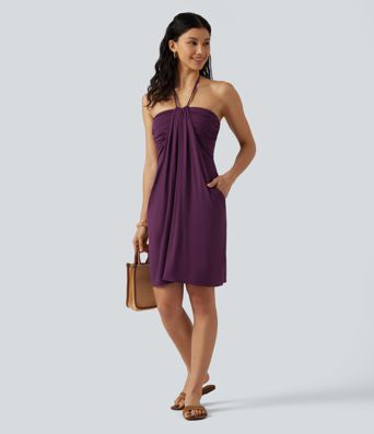 Halter Tie Back Built-in Bra Mini Resort Dress with Pockets