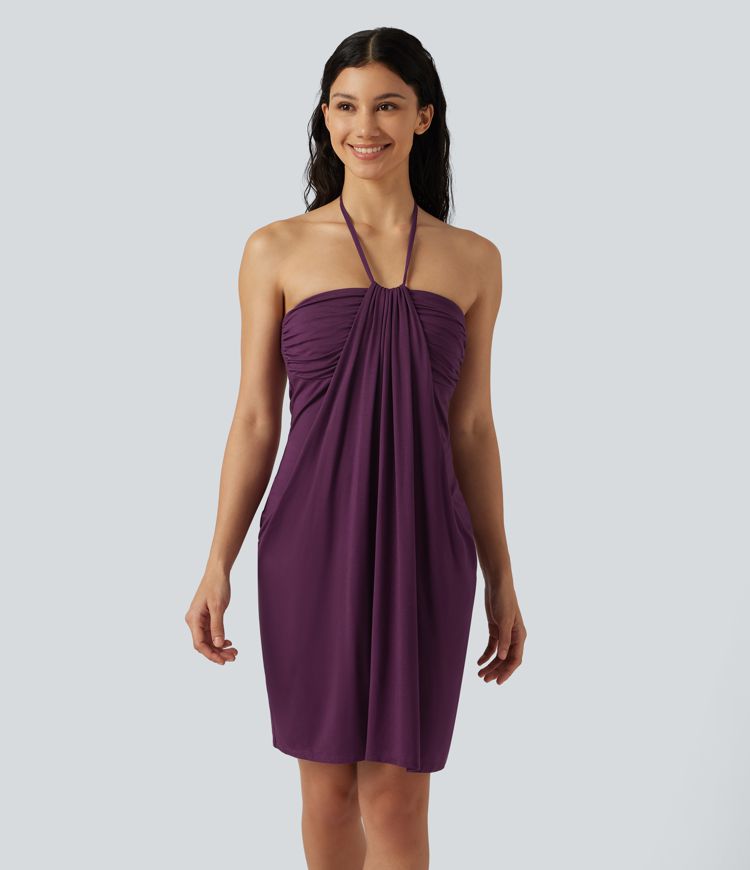 Halter Tie Back Built-in Bra Mini Resort Dress with Pockets Halter Tie Back Built-in Bra Mini Resort Dress with Pockets