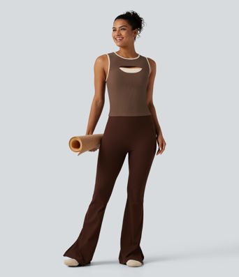Ribbed Round Neck Cut Out Front Color Block Workout Tank Top