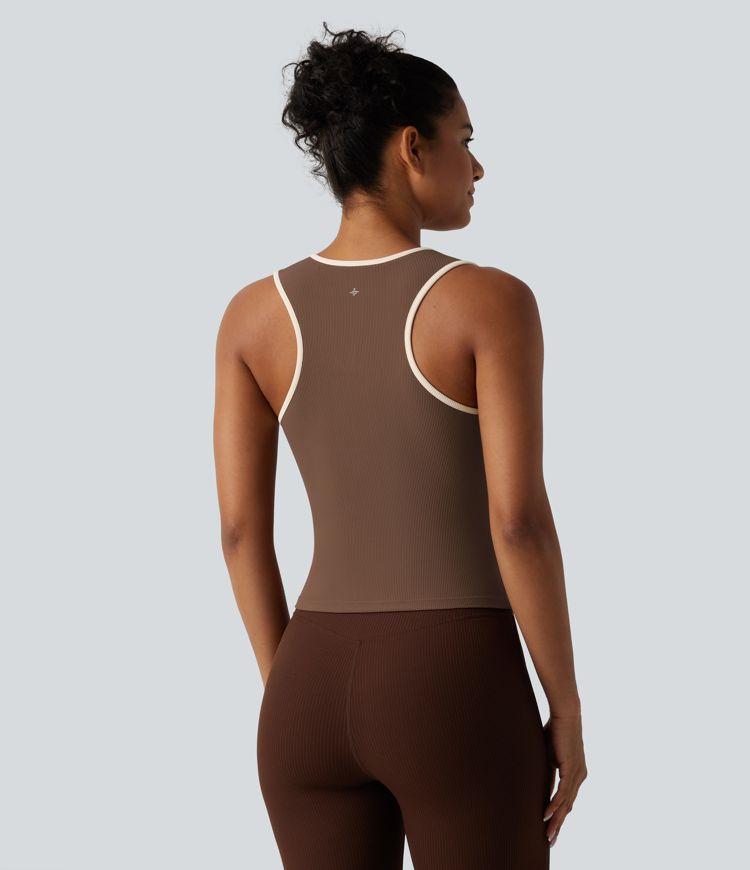 Ribbed Round Neck Cut Out Front Color Block Workout Tank Top
