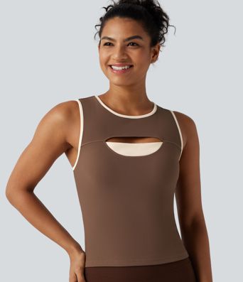 Ribbed Round Neck Cut Out Front Color Block Workout Tank Top