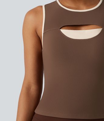 Ribbed Round Neck Cut Out Front Color Block Workout Tank Top