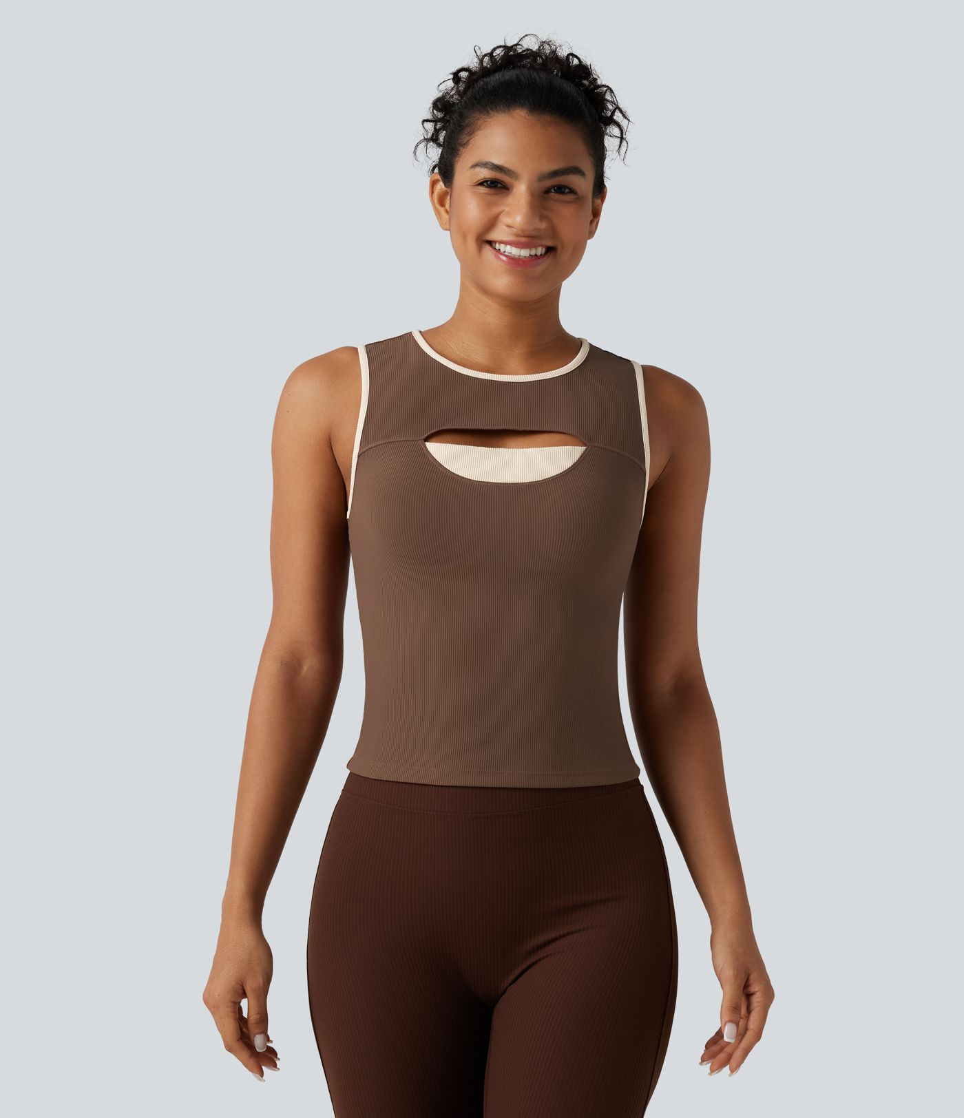 Ribbed Round Neck Cut Out Front Color Block Workout Tank Top