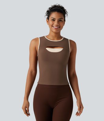 Ribbed Round Neck Cut Out Front Color Block Workout Tank Top